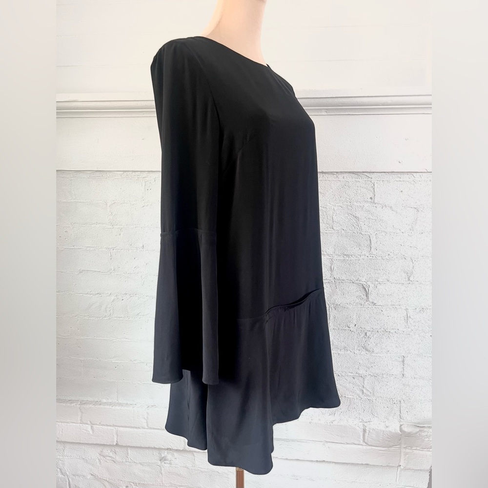 Tibi Silk Drop Waist Mini Dress Black Long Sleeve Shift Size 4 Natural Fiber LBD - Picture 5 of 16